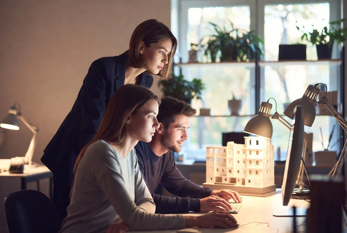 Team reviewing product on screen