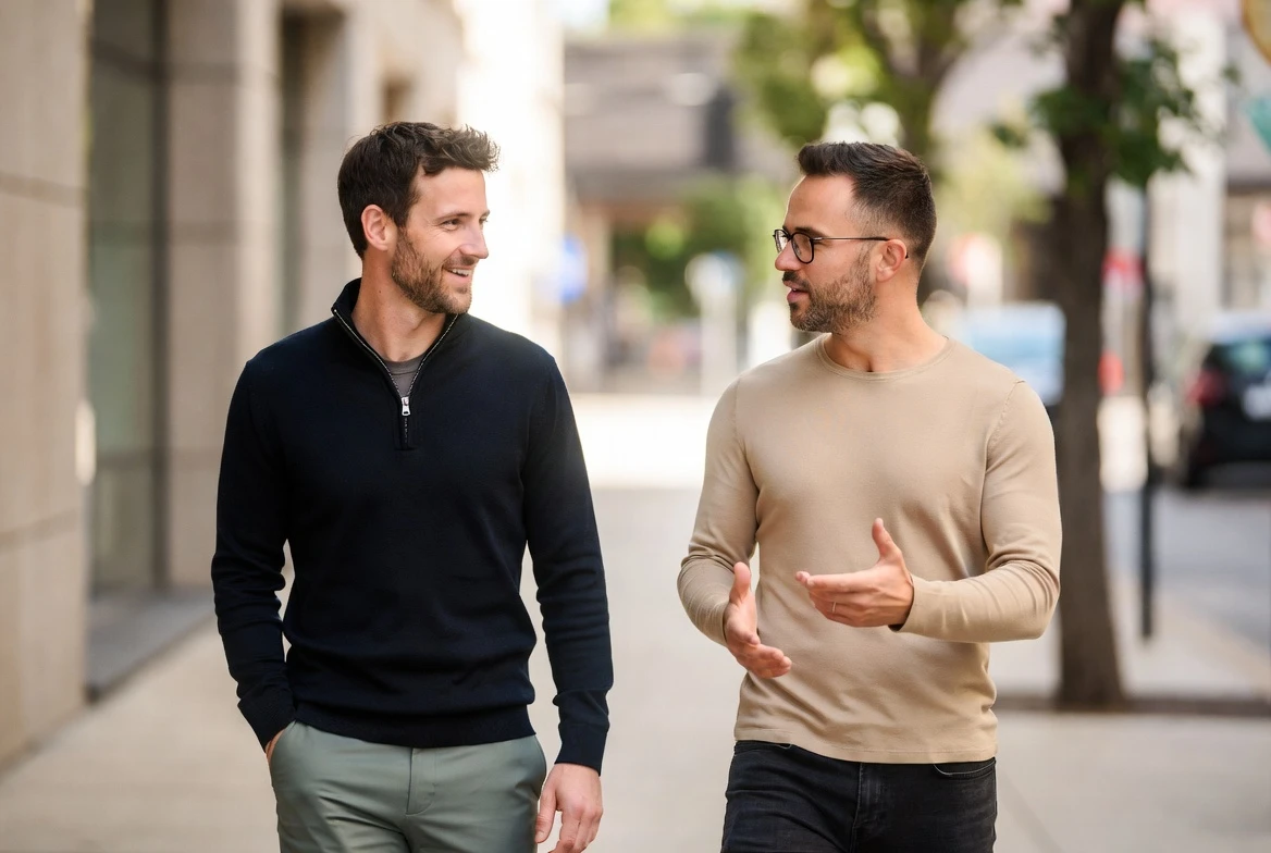 Two men walking and talking
